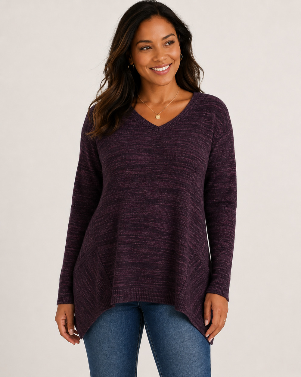 LOGO Lori Goldstein Womens Melange Sweater Size L SharkBite Hem Cottagecore